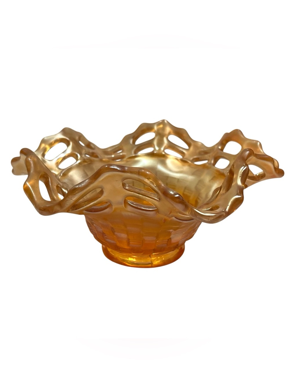 Antique 1910s Fenton Marigold Carnival Glass Basket Weave Bowl with Open Lace